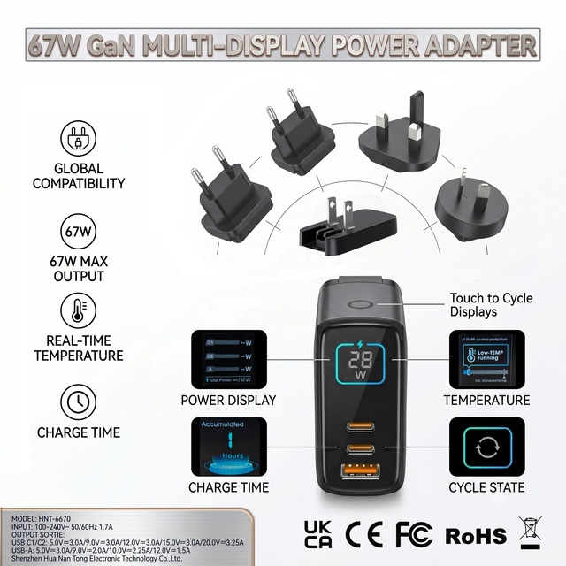 HNT GaN PD 67W GaN Multi-display Power Adapter 3 Port Type c US/EU/ UK/AU/JP Detachable Plug Laptop Charger for iphone 16 15 Pro
