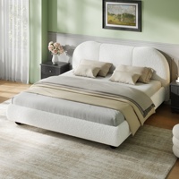 Lit plateforme Queen réglable et rembourré avec tête de lit incurvée, cadre en métal blanc moderne et support à lattes en bois