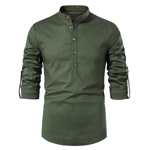 Camicia da <span class=keywords><strong>uomo</strong></span> bianca a maniche lunghe con colletto alla coreana camicia in cotone e <span class=keywords><strong>lino</strong></span> Henley Casual Hippie Beach - Product Image 3