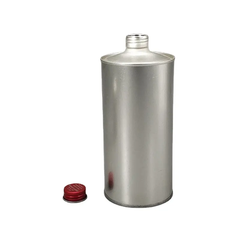 コーントップ1リットルラウンドオイル空のブリキ缶、アルミ蓋付き、1リットルモーターオイル缶