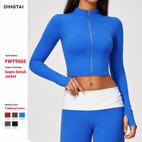 Veste courte à col montant et fermeture éclair sur le devant pour femme, manches longues avec passe-pouces, brossée, séchage rapide, respirante, pour yoga, course à pied et fitness