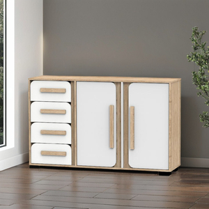 14_0024 Cómoda de Roble Natural Blanco de Alta Calidad con 4 Cajones y 2 Puertas, Mueble Organizador para Dormitorio, Sala de Estar y Hogar - Product Image 1