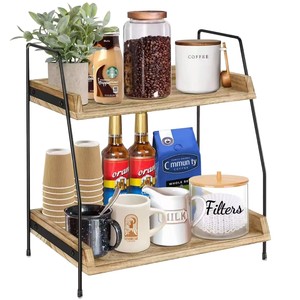Étagère de rangement de bureau en bois à 2 niveaux, organisateur combiné en fer et en bois pour la salle de bain, la cuisine, la chambre à coucher, à utiliser sur le comptoir - Product Image 2