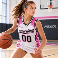 Maillot de basketball personnalisé blanc et rose à effet éclaboussures, col en V, sublimation intégrale, séchage rapide, respirant, personnalisable pour clubs jeunes unisexes