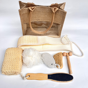 Ensemble de bain Spa de nettoyage de la peau du corps emballé dans un sac en lin comprenant une éponge de bain, des outils de pédicure pour les ongles des pieds, une <span class=keywords><strong>brosse</strong></span> à <span class=keywords><strong>cheveux</strong></span>, un rouleau de massage en bois - Product Image 3