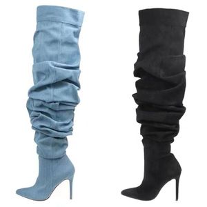 Bottes en jean pour femme, plateforme, style western, hauteur au-dessus du genou, collection automne 2024 - Product Image 1