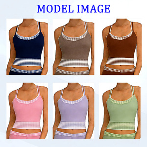 Top da Yoga per Donna 2 in 1 con Motivo a Griglia Personalizzato, Colori Contrastanti, Traspirante, per Allenamento e Tempo Libero - Product Image 6