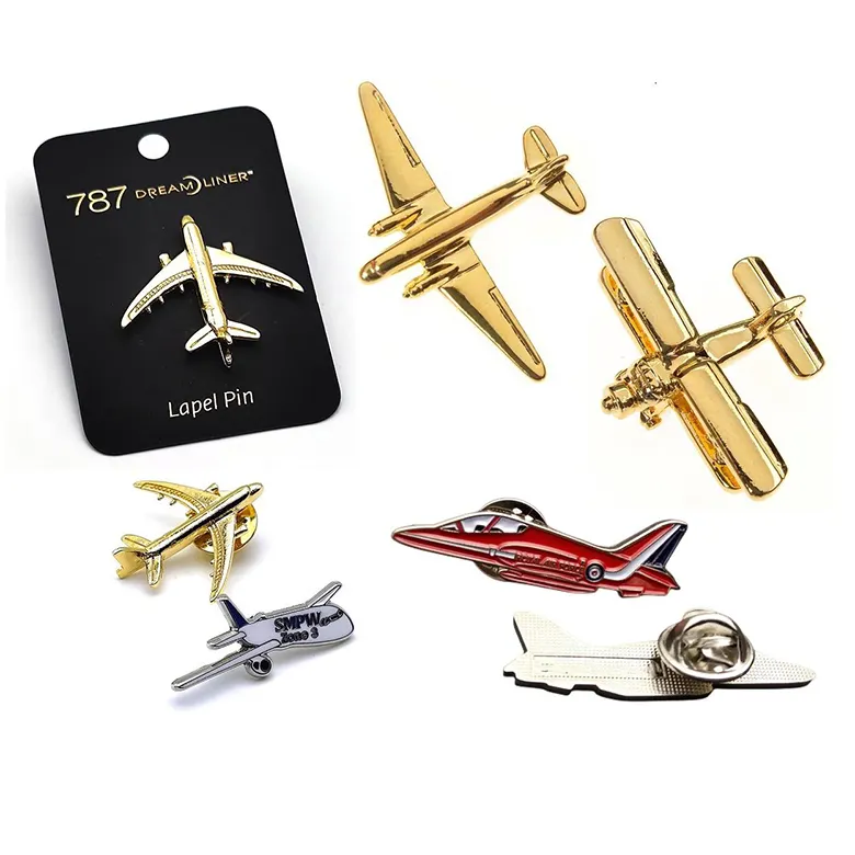 Direct factory free mold custom metal craft souvenir airline pilot gold silver aircraft 3D airplane badge lapel pin badge