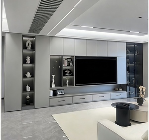 Meuble TV intégré gris moderne - Meuble de salon élégant avec étagères à éclairage LED et organisation de rangement dissimulée - Product Image 1