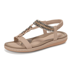 Elegant Black T-Strap Flat Sandals Open Toe Summer Women <b>Shoes</b> Genuine Leather Upper Rhinestone Decoration Buckle Closure - Product Image 6
