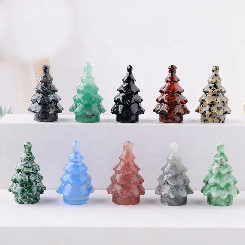 Wholesale hand carved gemstone crafts christmas tree crystal carving for decoration