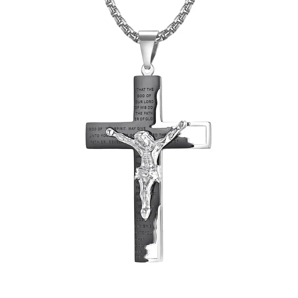 High Quality Stainless Steel Jesus Christ Crucifix Cross Necklace Pendant Lord's Prayer Pendant Necklace for Men and Women
