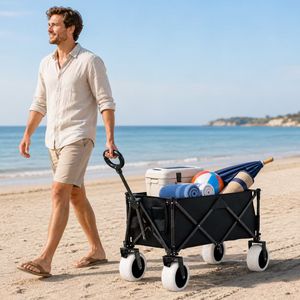 Chariot de camping pliable d'extérieur avec roues en PU, chariot robuste en tissu Oxford gris, chariot pliable pour la plage et le sable - Product Image 2