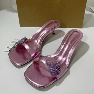 Women's Square-toe Stiletto Sandals with <b>Shell</b>-shaped Shiny Buckle Decoration Sexy Elegant Ladies Sandals - Product Image 1