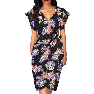 <span class=keywords><strong>Robe</strong></span> moulante élégante pour femme à col en V et manches à volants, couleur unie ou imprimé floral, coupe ajustée, longueur midi, idéale pour les fêtes, le bureau ou le quotidien - Product Image 4