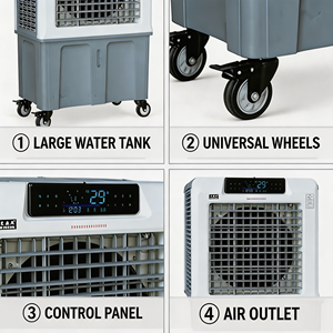 Ventilateur rafraîchisseur d'air évaporatif mobile 3-en-<span class=keywords><strong>1</strong></span> avec réservoir d'eau, équipement de refroidissement multifonctionnel pour café, commerce et espace de travail extérieur - Product Image 3