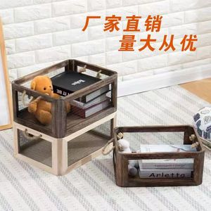 Retro Wooden <b>Storage</b> <b>Basket</b> With Wire Mesh Rectangle Shape For Toys Organizer Natural Wood Color Charcoal Grilled Color - Product Image 1
