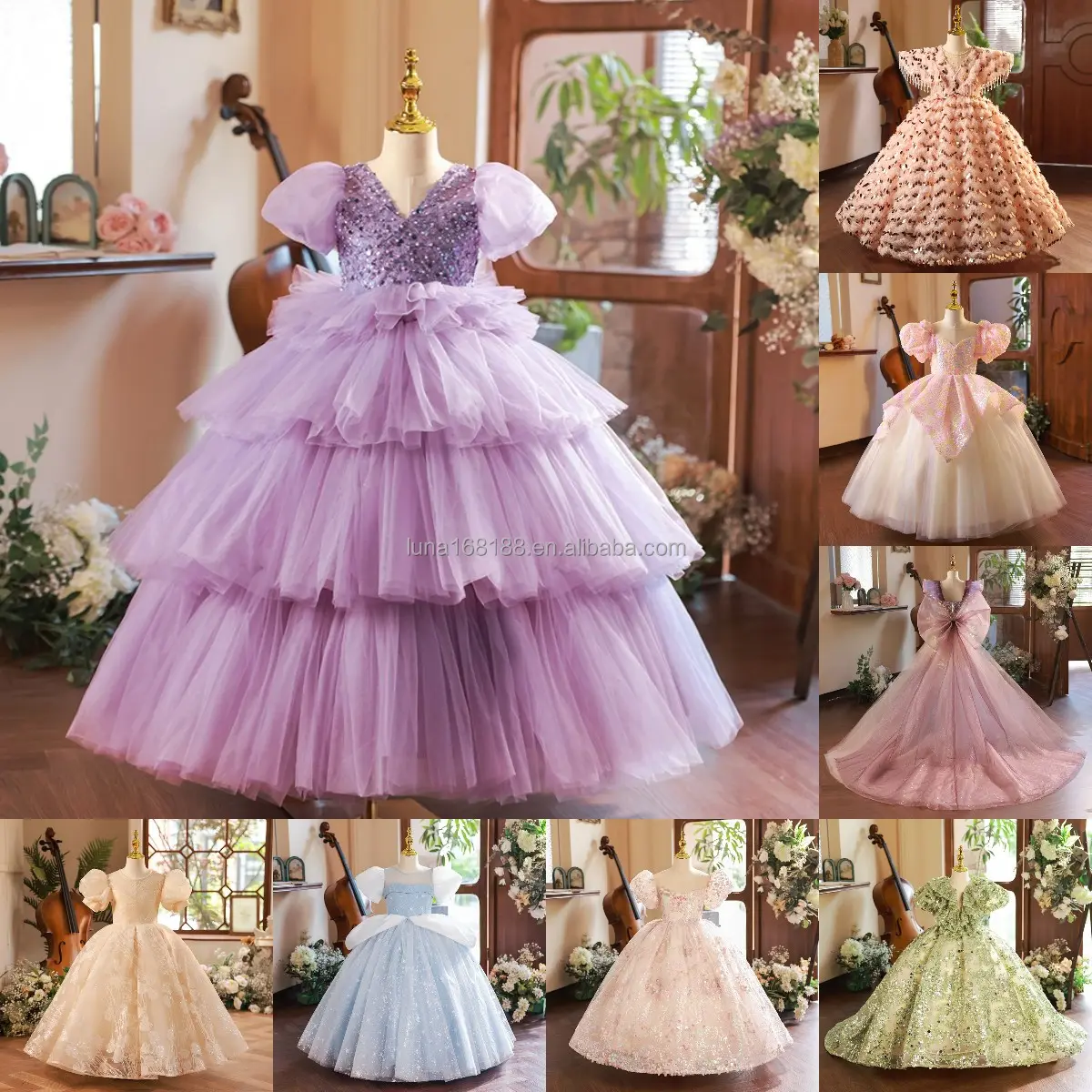 Neues Kinderkleid für Mädchen Hochzeit Tülle Spitze langes Mädchenkleid elegante Prinzessin Party Ausstellung formelles Kleid Einfarbe für Teenager