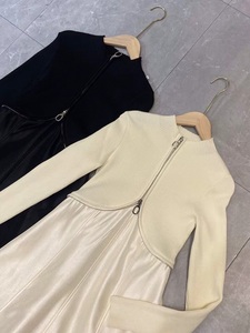 Nuovo abito 2025 autunno inverno di alta qualità da donna lavorato a <span class=keywords><strong>maglia</strong></span> Patchwork con Zip anteriore a manica lunga a metà polpaccio <span class=keywords><strong>Beige</strong></span> abito lungo nero lavorato a <span class=keywords><strong>maglia</strong></span> - Product Image 4