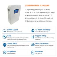 Batterie domestique LiFePO4 51,2 V 100 Ah IP65 avec garantie 10 ans, CAN, Bluetooth, BMS et contrôle intelligent par application pour stockage d'énergie et alimentation de secours