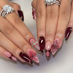 24 Uñas Postizas Francesas con Forma de Almendra, Elegantes, Cobertura Completa, Uñas Artificiales a Presión, Exquisito Accesorio <span class=keywords><strong>para</strong></span> el Cabello con Lazo, Borde Dorado <span class=keywords><strong>para</strong></span> Dedos - Product Image 6