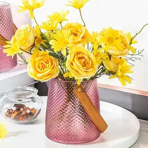 Fashion Design Handbag Flower Elegant Vase Jarrones Baratos Pink Glass Hydroponics Vases For Home Decor Wedding