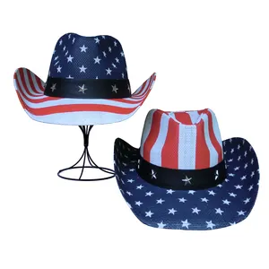 High quality paper straw cowboy hat the star spangled stripes banner usa american flags printing cap shapable brim sombreros