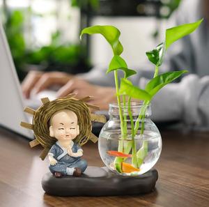 Resin Little Buddha <strong>Monk</strong> Figures With Flower Arrangements Hydroponic Green Dill Vase - Product Image 4