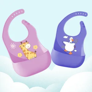 Manufacturer Custom Animal Printed BPA Free Baby Silicone Bib Feeding Waterproof Silicone Baby Bibs For Babies With Food Catcher