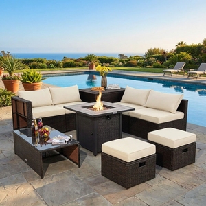 Durable Rattan Outdoor Sofa Set with Gas <b>Fire</b> <b>Pit</b> <b>Table</b> and Soft Cream Cushions for Deck and Porch Decor - Product Image 1