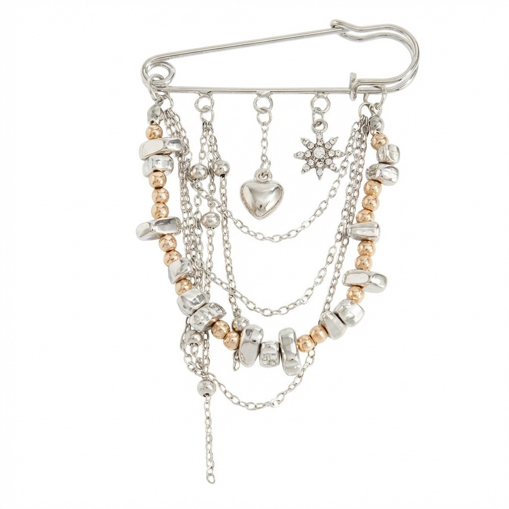 Broche mixto de plata y oro con colgantes