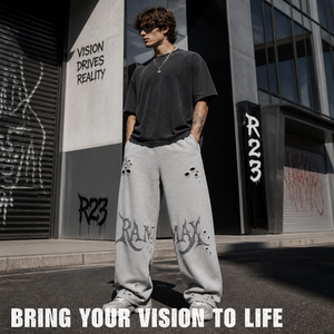 Pantalon de survêtement déchiré pour homme RAMAX, gris chiné, en molleton de coton 450g, coupe ample, style streetwear, avec imprimé graphique découpé au laser - Product Image 5