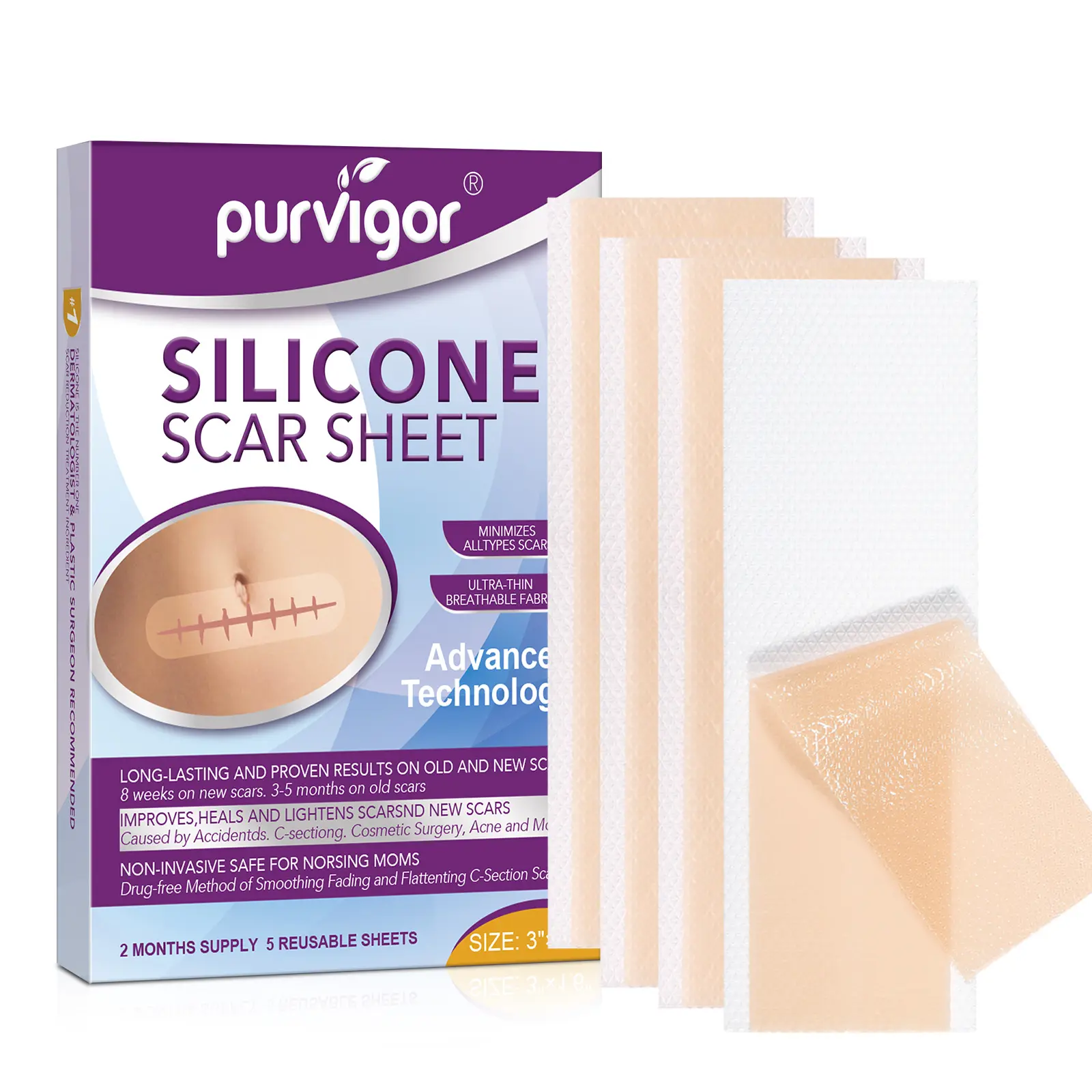 PURVIGOR Waterproof Breathable Medical Repair Skin Professional Scars Removal Silicone Gel Sheets For Keloid Scars