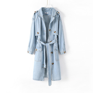 Cappotto Lungo in Denim <span class=keywords><strong>Azzurro</strong></span> di Alta Qualità per <span class=keywords><strong>Donna</strong></span>, Nuova Moda con Cintura, Produzione di Fabbrica - Product Image 1