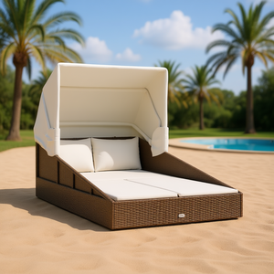 Chaise longue de patio pliable double en rotin PE marron avec coussin, chaise longue d'extérieur confortable, design moderne - Product Image 2