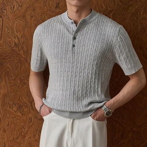 T-shirt en tricot à col <span class=keywords><strong>Henry</strong></span> style <span class=keywords><strong>Old</strong></span> Money pour homme, manches courtes, été - Product Image 1