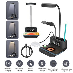 Đa-Chức Năng 15W Không Dây Sạc Bàn Đèn Bút Chủ USB <span class=keywords><strong>Hub</strong></span> Kỹ Thuật Số Đồng Hồ Báo Thức 6-Trong-1 Máy Tính Để Bàn Tổ Chức Và Sạc - Product Image 2