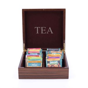 Boîte à sachets de thé rectangulaire en bois de luxe faite à la main Trice Tea Time, design simple - Product Image 1