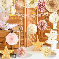 Décorations d'anniversaire beige or champagne pour femmes et filles, lanternes en papier pêche bohème, pompons en papier, éventails, glands, guirlande de fête