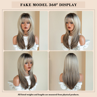 Pelucas de Cabello Sintético de 22 Pulgadas, Color Castaño Claro a Gris Plateado, con Capas Medias y Flequillo, Resistentes al Calor, Fibra Natural Mate