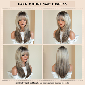Pelucas de Cabello Sintético de 22 Pulgadas, Color Castaño Claro a Gris Plateado, con Capas Medias y Flequillo, Resistentes al Calor, Fibra Natural Mate - Product Image 5