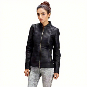 Chaqueta de cuero genuino negro para mujer, estilo motero, con cuello alto acanalado, abrigo de piel de oveja, mangas acolchadas, bolsillos con cremallera, prendas de vestir personalizadas - Product Image 1