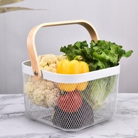 Jouet de bain de cuisine multifonction organisateur de fleurs de fruits panier de rangement en treillis métallique avec poignée en bois