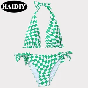 New sexy solid color white check prints hanging neck bandage Two Piece Bikini Beachwear Swimsuit Women Swimwear backless