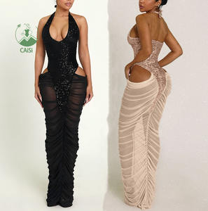 فستان طويل نسائي أنيق بترتر لامع وتطريز، بتصميم هالتر ورقبة على شكل V وظهر مكشوف وحافة شفافة، مثالي لحفلات التخرج والمناسبات الليلية، بتصميم مكشكش. - Product Image 1