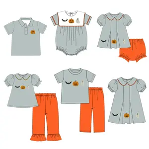 New Design Kids Halloween Matching Outfits Toddler Trick or Treat Clothes Customized Pumpkin Ghost French Knot Smocked Clothing