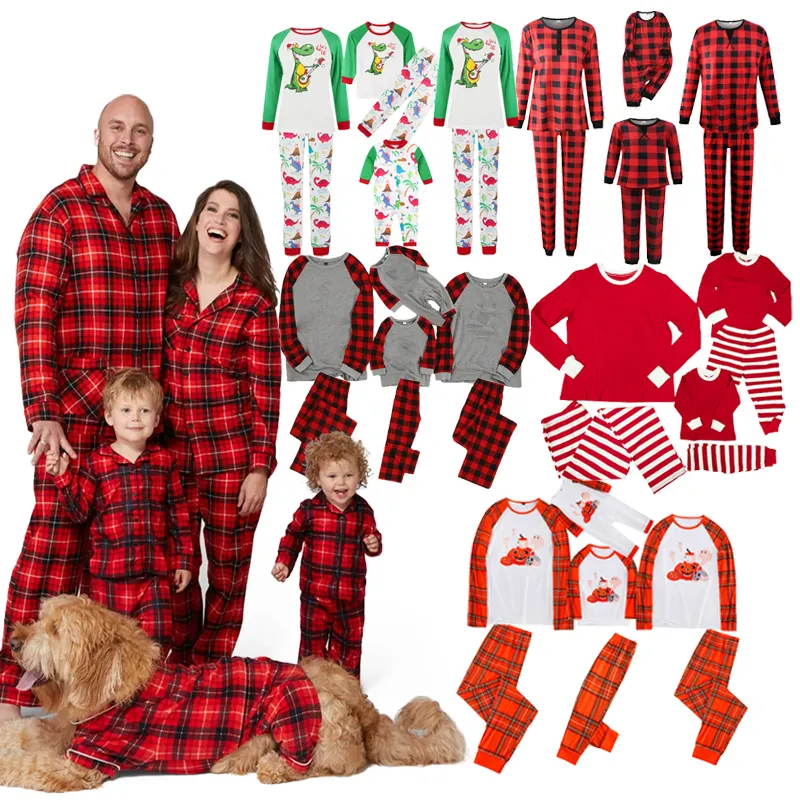 Custom 2022 Men Christmas Pajamas Family Matching Parent-child Bear Plaid Print Matching Christmas Pajamas Family Sleepwear Set