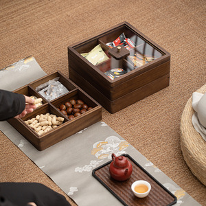 Plateau rectangulaire multifonctionnel en bois de noyer à quatre compartiments avec couvercle pour le rangement de thé et de collations, idéal pour la maison, le salon, le Nouvel An chinois - Product Image 3
