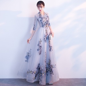 Elegant Evening Gown V-Neck A-Line Chiffon Floral Print Long Dress For Banquet Coming Of Age Ceremony Performance Hostess - Product Image 4