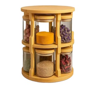 Rotatable Bamboo Spice Rack Double Layer Glass <b>Jars</b> With Wooden Lid <b>Kitchen</b> Countertop <b>Storage</b> Organizer - Product Image 1